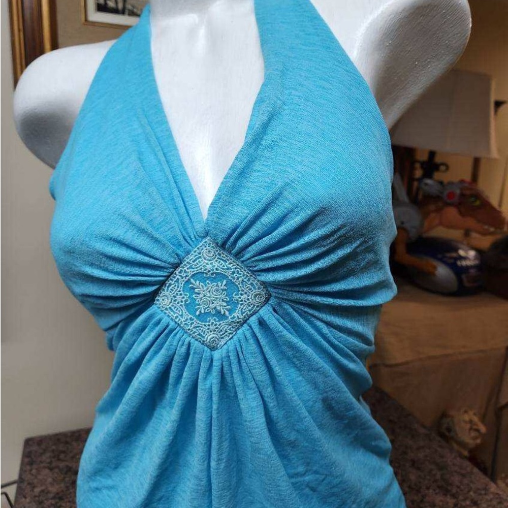 Blue gauze halter top